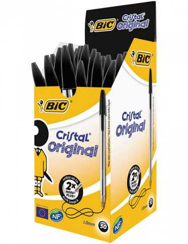 BIC Cristal Original Bolígrafos Punta Media, Óptimo para Uso Escolar y Oficinas (1,0 Mm), Negro, Caja de 50 Unidades