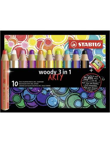Lápiz de color multitalento STABILO woody 3 en 1 ARTY - Estuche con 10 colores y sacapuntas