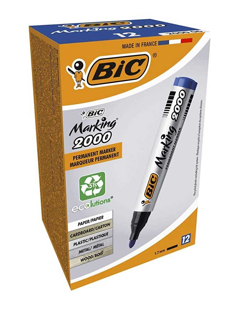 BIC Marking 2000 ecolutions - Rotuladores permanentes de punta cónica  media, caja de 12 unidades, color azul