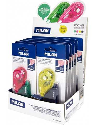 MILAN Caja expositora 12 blísters cinta correctora Pocket 4,2 mm x 5 m