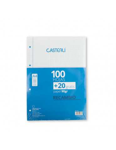 CASTERLI - Recambio 100+20 Hojas - A4 - 4 Taladros, Papel de 90 gr (A4, CUADROS 4X4 MM)