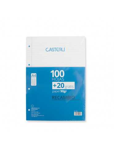 CASTERLI - Recambio 100+20 Hojas con margen. A4, 4 Taladros, Papel de 90 gr (A4, LINEA)
