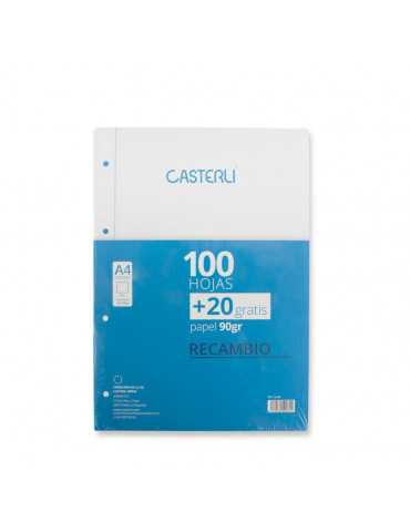 CASTERLI - Recambio 100+20 Hojas con margen. A4, 4 Taladros, Papel de 90 gr (A4, Liso)