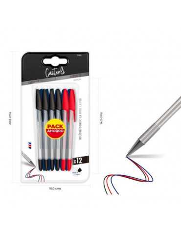 Casterli - Pack de 12 bolígrafos de 1 mm - Negro, azul y rojo