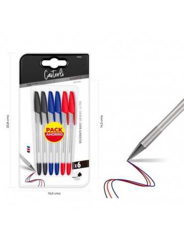 Casterli - Pack de 6 bolígrafos con punta de 1 mm - Azul, Negro y Rojo