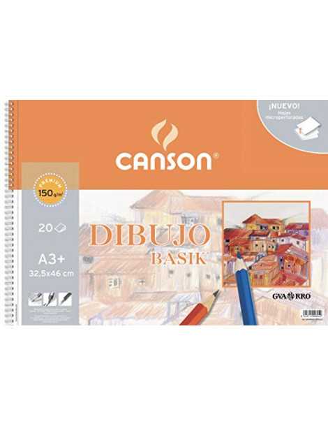 Canson Dibujo Basik Liso, Álbum Espiral Microperforado, A3+ (32,5x46 cm) 20 Hojas 150g