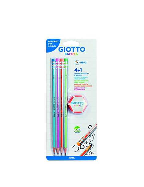 Giotto 233500 - Pack con 4 lápices de grafito, graduación HB, con goma