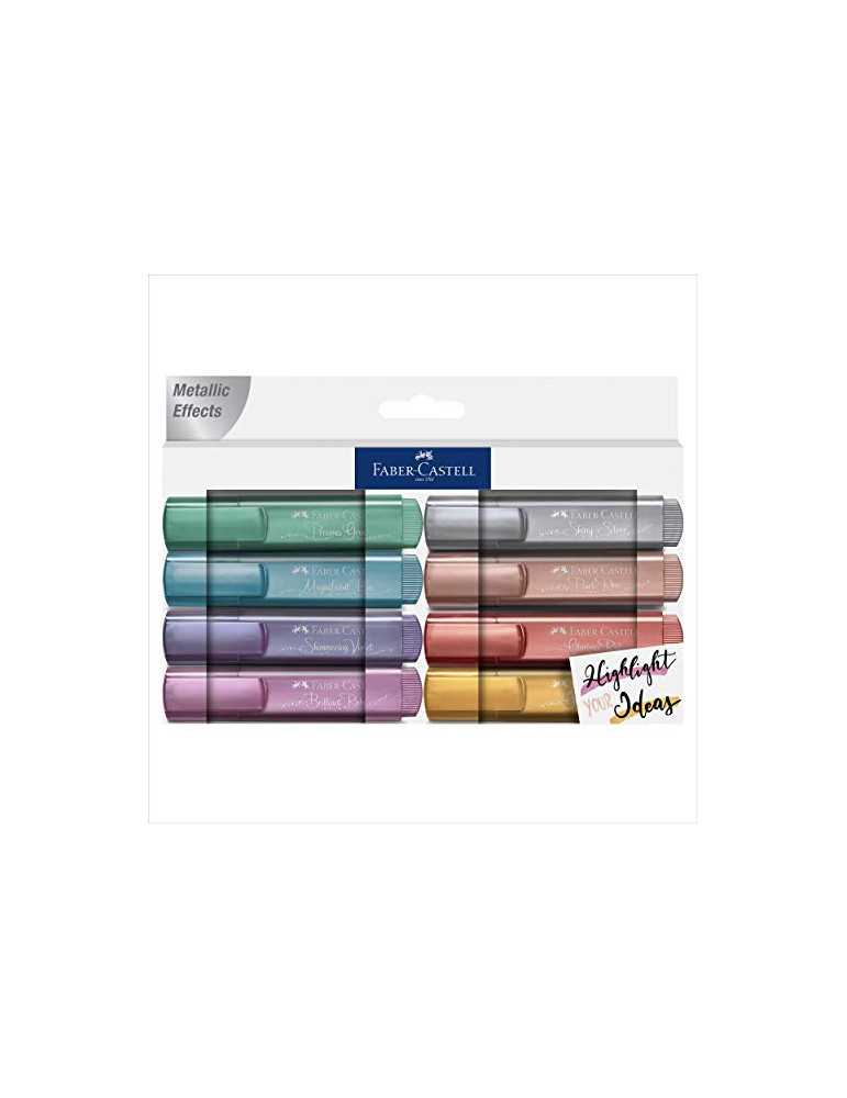 Faber-Castell. Pack 8 textliner 46 metálicos, colores, verde, azul, violeta, rosa, rosa perlado, plata, oro y rojo. Presentación