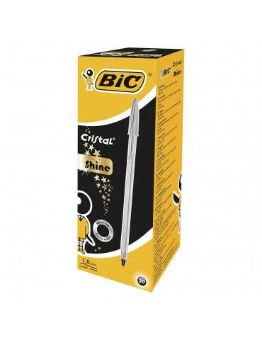 BIC Cristal Shine Bolígrafos Punta Media (1,0 mm) - Tinta Negra y Cuerpo Plateado, Caja de 20 Unidades, ideal para uso diario
